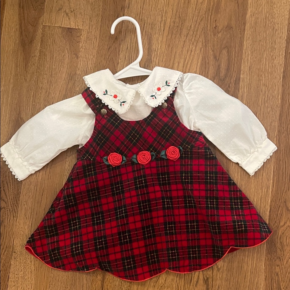 Elegant Red Plaid Velvet Kids Dress and White Blouse